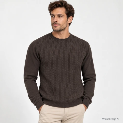 Sweter warkocz brąz okrągły dekolt
