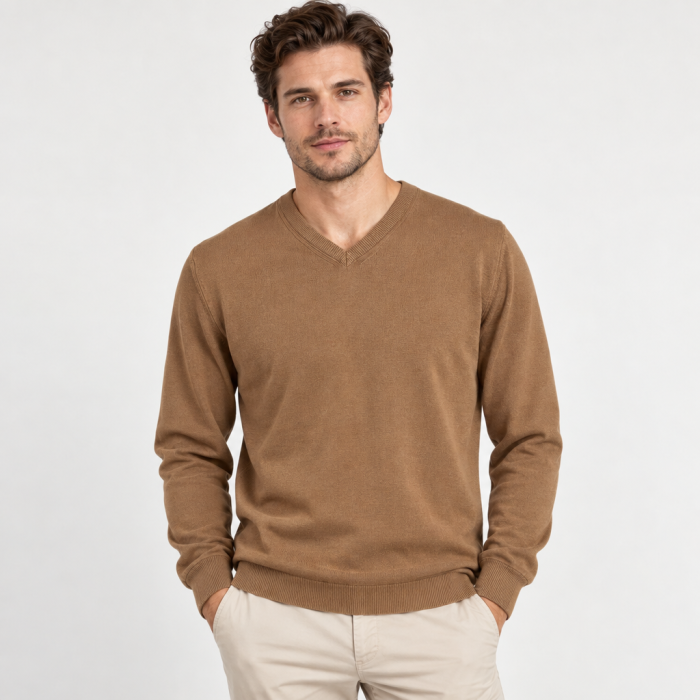 Sweter bawełniany z dekoltem w serek camel