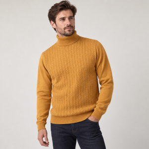 Sweter z golfem w warkoczowym wzór żółty