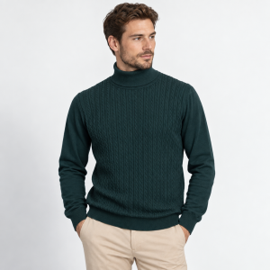 Sweter z golfem w warkoczowy wzór zielony