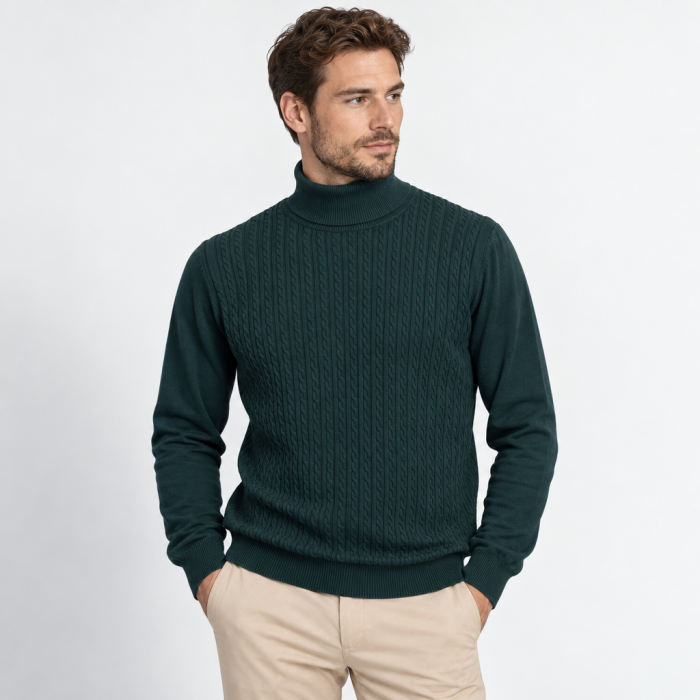 Sweter z golfem w warkoczowy wzór zielony